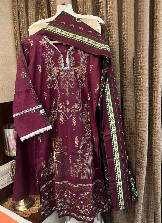 Cotton Burgandy Traditional Wear Printed Readymade Pakistani Suit